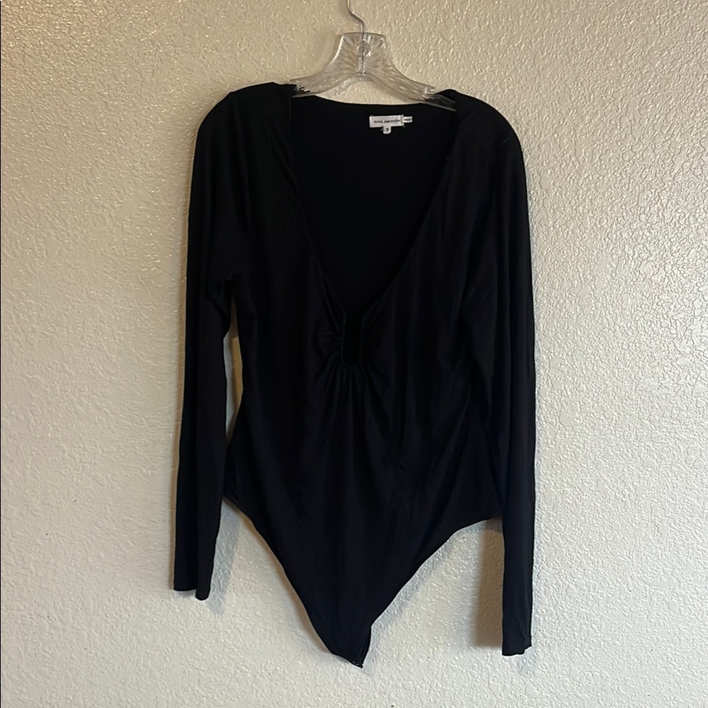 Good American Black Wrap Fitted Long Sleeve Bodysuit
